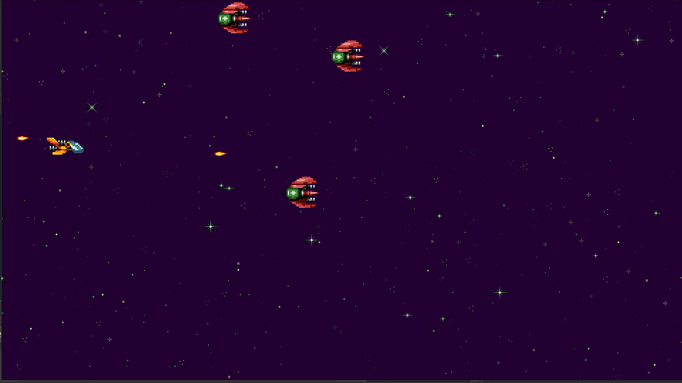 Animated 2D space shooter gameplay: the player ship firing at enemy ships