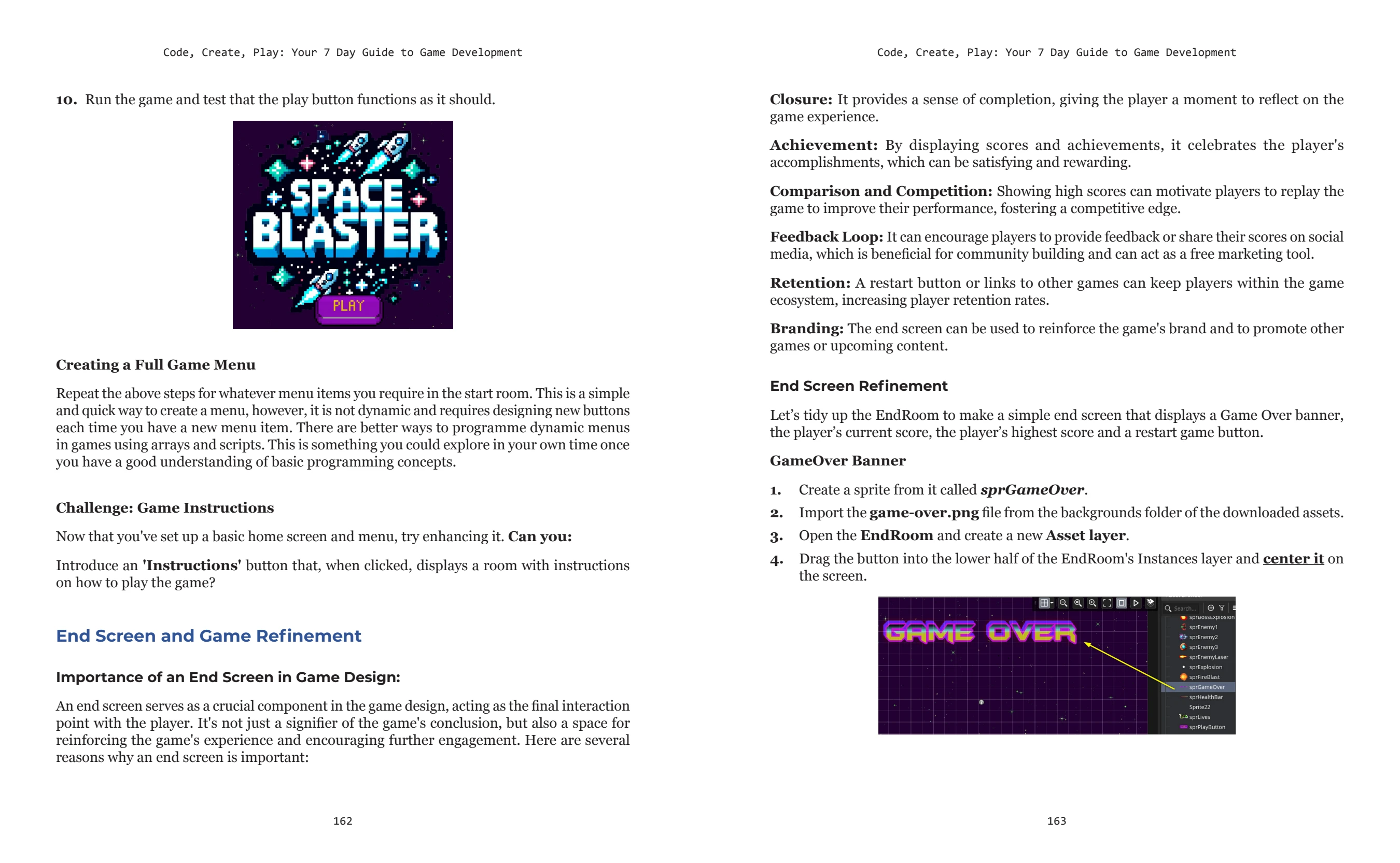 Open book spread showing game systems and the finished game