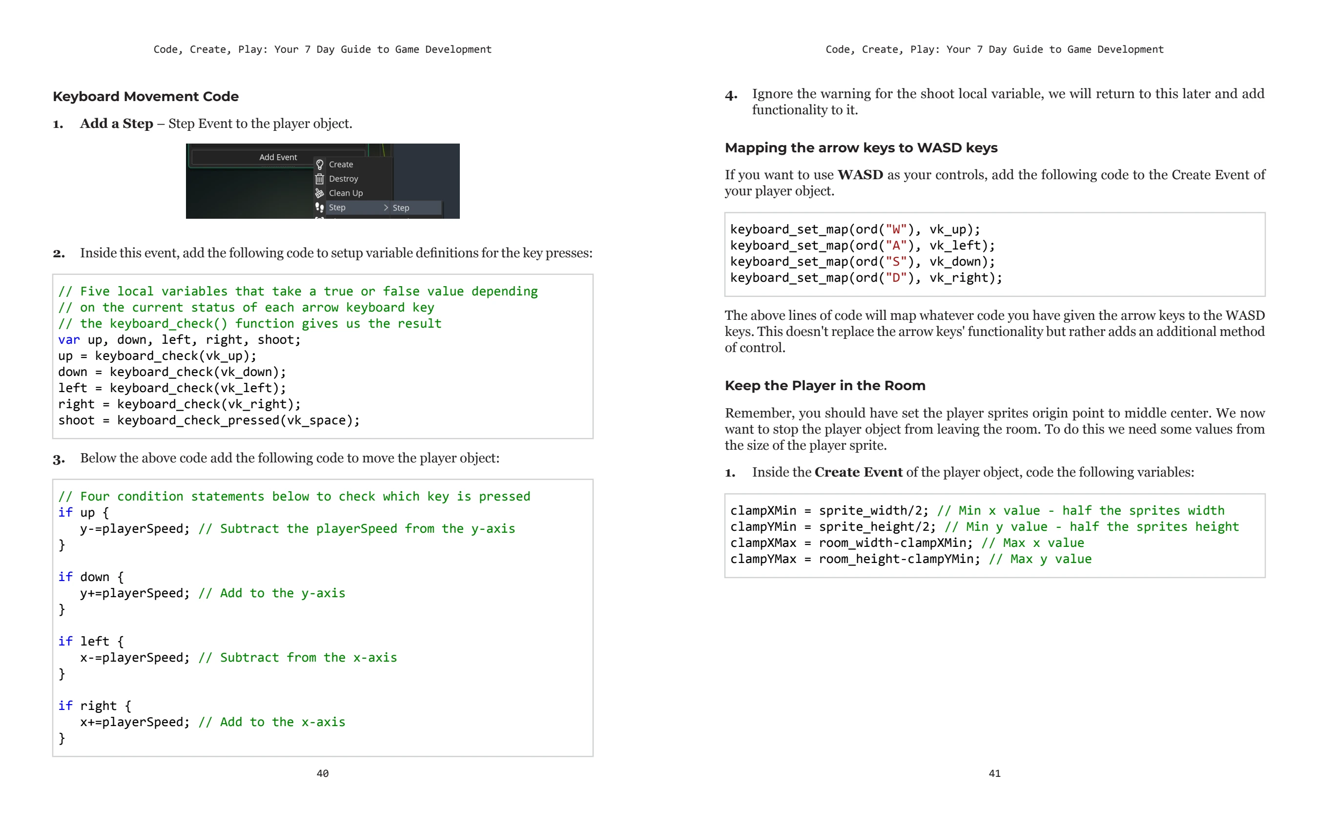 Open book spread showing programming and player movement code